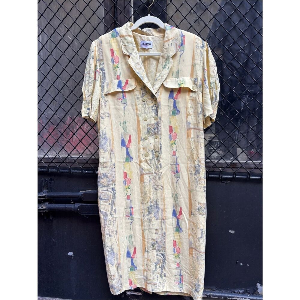 🎀Vintage🎀Modena Butter Yellow Short-Sleeve Button-Front Shirt Dress Size 10 - Picture 2 of 9